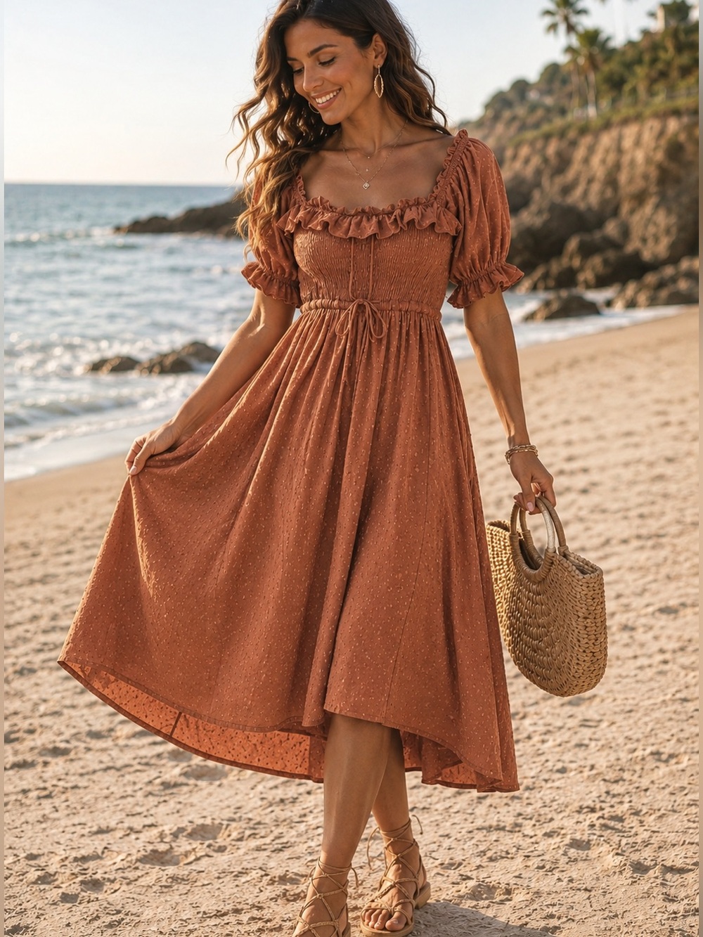 Boho Cottagecore Smocked Midi Dress Puff Sleeve Terracotta Orange Size L